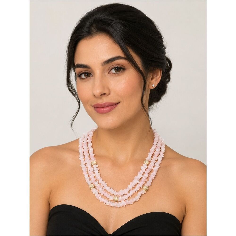 NWOT St. John Knits Pink Three Strand Rose Quartz Beaded Necklace w/Crystals